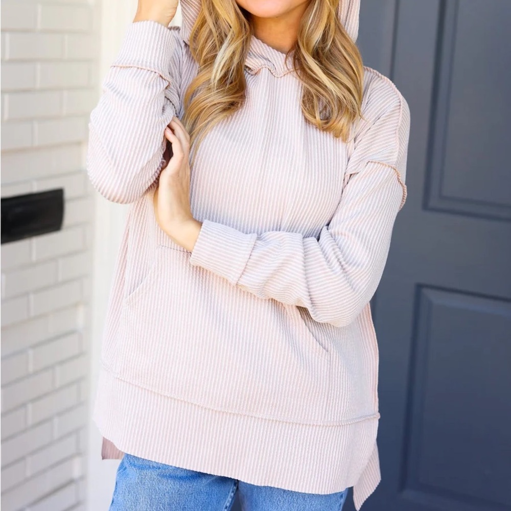 Reg. & Plus Size Casual Ivory Mineral Washed Ribbed Knit Lightweight Hoodie - Picture 2 of 14